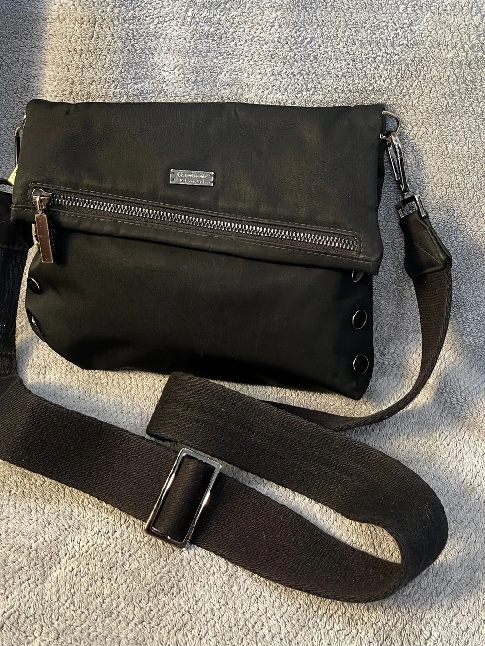 Hammitt Black Nylon Magnetic Foldover Crossbody Bag with Metal Rivets studs